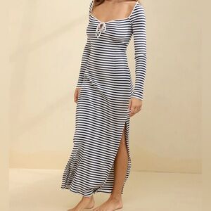 Aerie Women’s Long Sleeve Striped Knit Front Tie Fitted Maxi Dress Size Medium